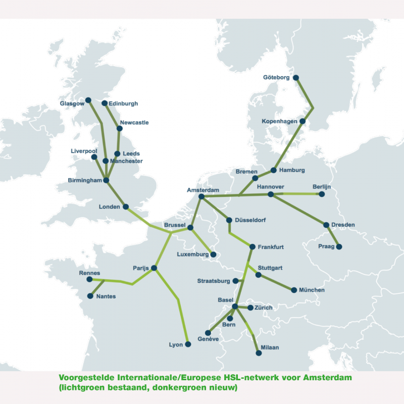 Voorgestelde Internationale/Europese HSL-netwerk voor Amsterdam